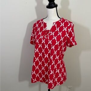 Chico's Red and White Graphic Short Sleeve Blouse